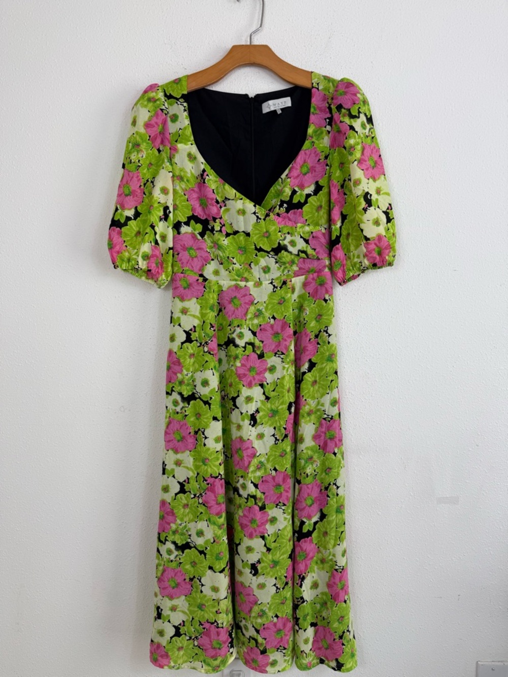 WAYF Midi Dress Pink Green Floral Print Garden Party Puff Sleeve Side Slit XS